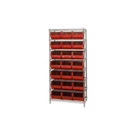 Global Industrial Chrome Wire Shelving With 21 Giant Plastic Stacking Bins Red, 36x18x74 268930RD